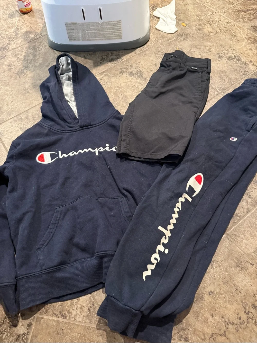 🧡Champion Navy Hoodie and Sweatpants Set and pair of Hurley shorts